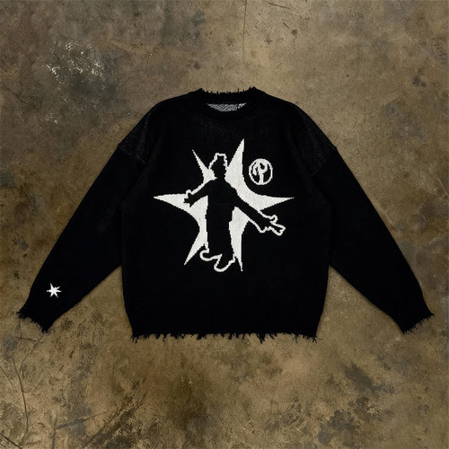 y2k hoodie~美式高街风黑色印花长袖毛衣男女宽松慵懒风针织衫