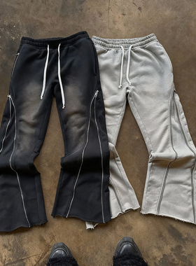 y2k hoodie~美式复古拉链卫裤男女同款抽绳直筒长裤设计感休闲裤