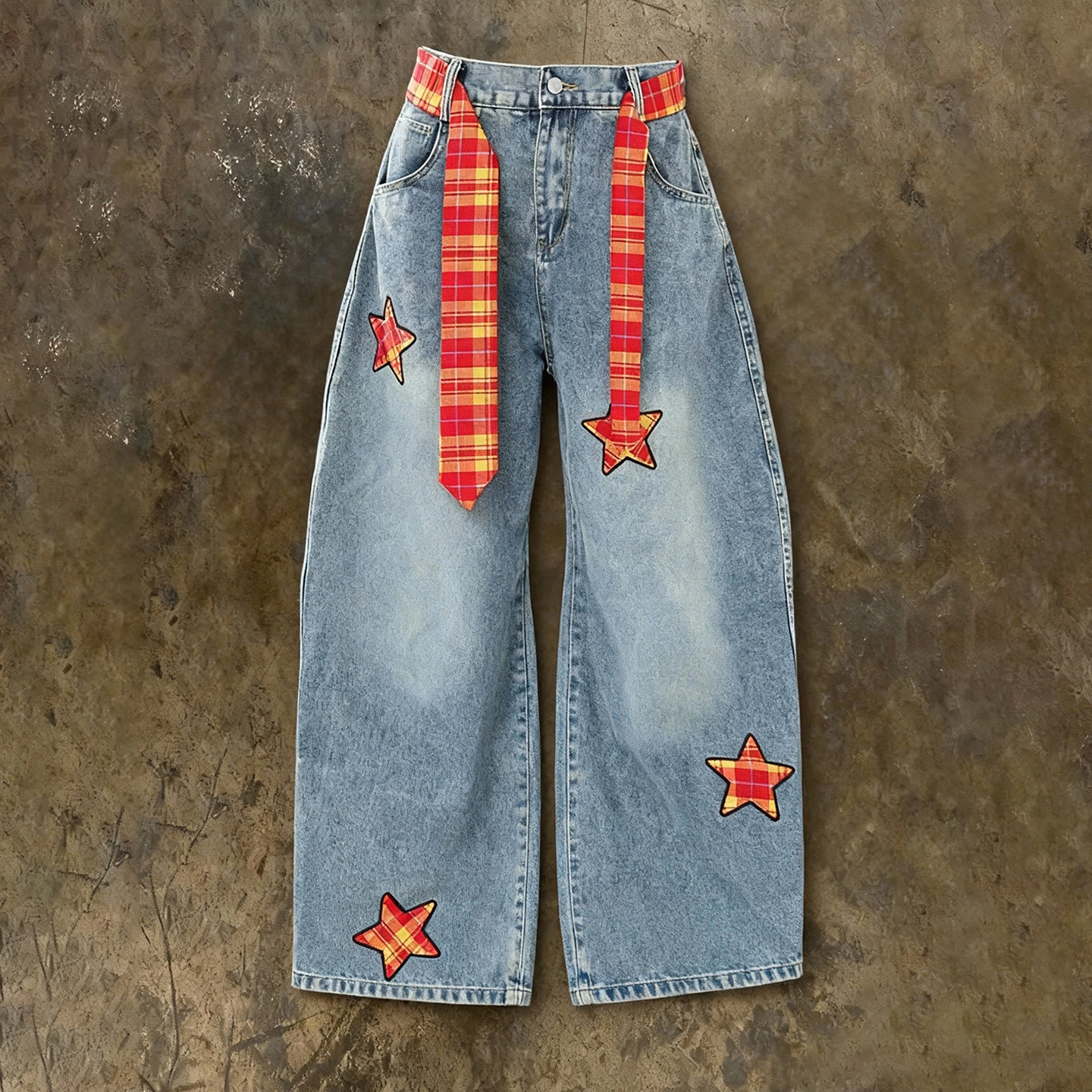 y2k hoodie~美式复古星星贴布格纹腰带牛仔裤女宽松显瘦阔腿长裤