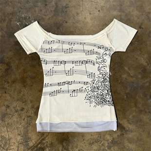 y2k hoodie~美式小众设计感一字肩短袖T恤女Vintage音符辣妹上衣