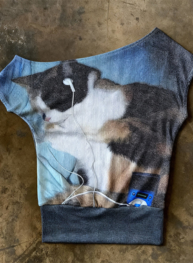 y2k hoodie~美式复古小众猫咪印花短袖T恤女宽松圆领纯棉上衣夏季