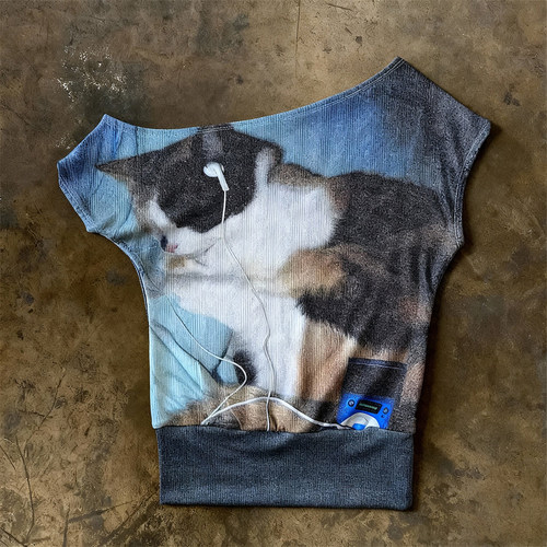 y2k hoodie~美式复古小众猫咪印花短袖T恤女宽松圆领纯棉上衣夏季