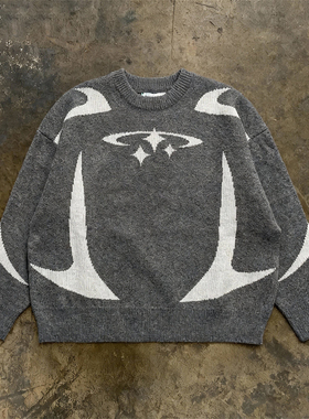 美式小众复古Y2K星星图案男女同款圆领毛衣男女针织衫灰色套头衫