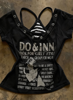 y2k hoodie~轻朋克风黑色短袖T恤女夏字母印花圆领宽松上衣辣妹风