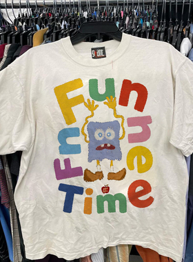FunTime趣味怪兽字母T恤彩色刺绣搞怪美式卡通图案宽松短袖上衣女
