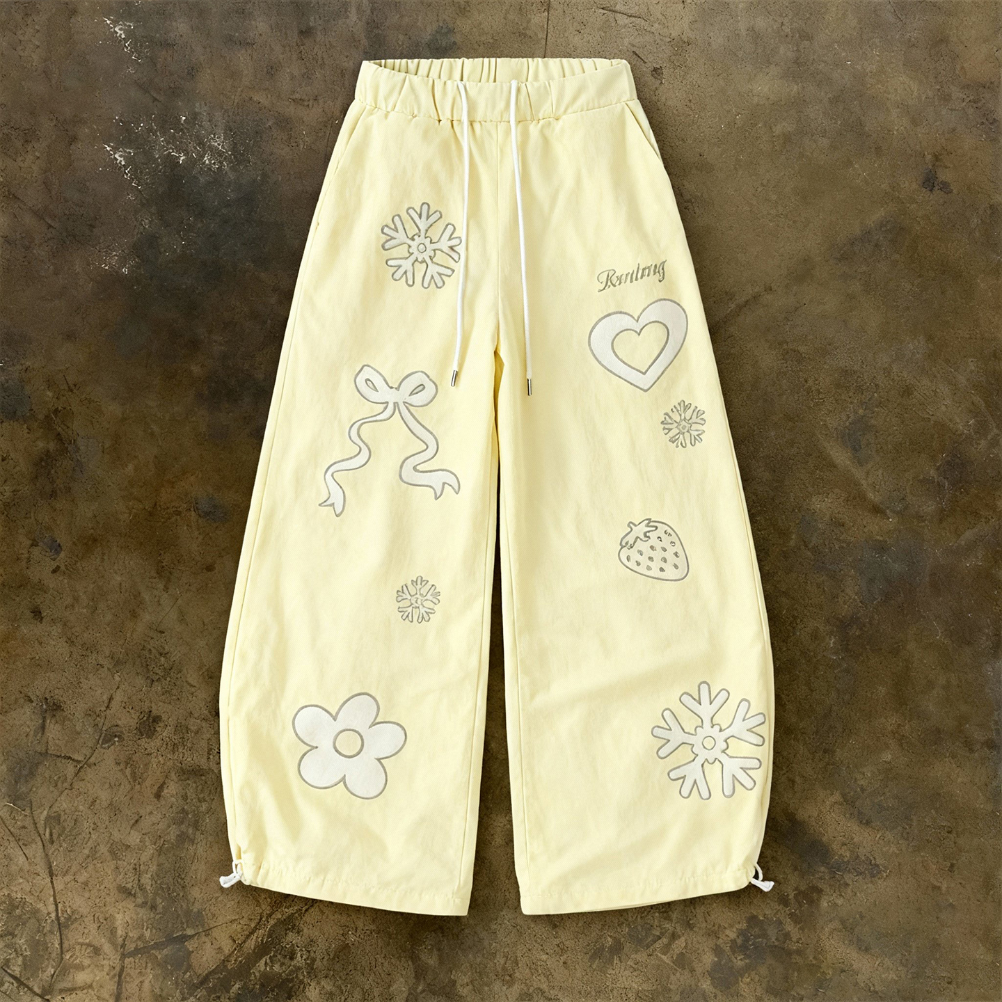 y2k hoodie~甜美刺绣夹棉阔腿裤女宽松抽绳高腰休闲棉服长裤卫裤