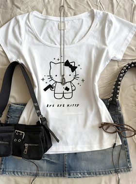 恶搞HelloKitty印花U领T恤女夏季修身甜辣风上衣小众亚文化打底衫