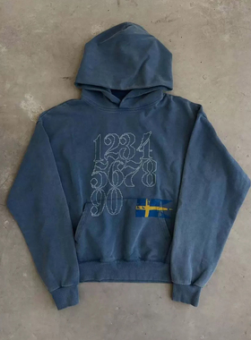 y2k hoodie美式复古数字印花连帽卫衣男女情侣装加厚长袖蓝色上衣