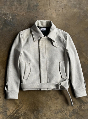 y2k hoodie美式休闲通勤风灰色翻领夹克男女通用宽松腰带短款外套