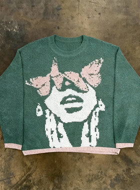 y2k hoodie~美式小众复古人物提花V领针织衫男女情侣打底毛衣绿色