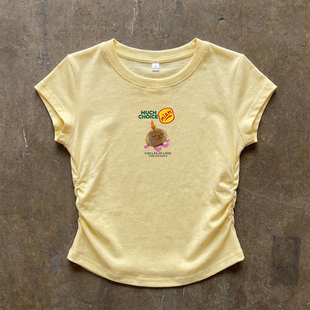 辣妹风白色圆领T恤 抽绳褶皱修身 美式 复古可爱卡通洋葱头印花短袖