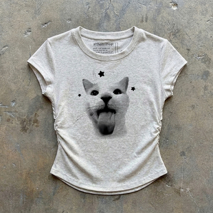 美式 T恤猫奴辣妹修身 短款 圆领上衣 复古吐舌猫咪星星印花抽绳短袖