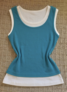 美式复古vintage白色+蓝色两件套无袖背心女夏叠穿显瘦层次感上衣