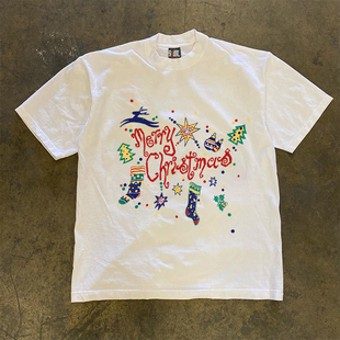 复古字母男女情侣小众短袖 圣诞快乐美式 t恤潮 重磅不透 90s90s90s