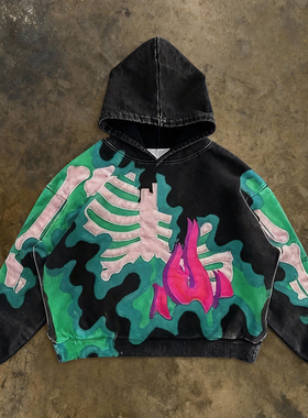 y2k hoodie~美式小众酷感街头风复古骨架连帽卫衣男女潮流套头衫