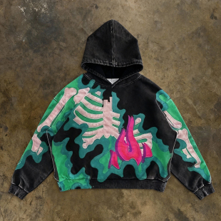 小众酷感街头风复古骨架连帽卫衣男女潮流套头衫 美式 hoodie y2k