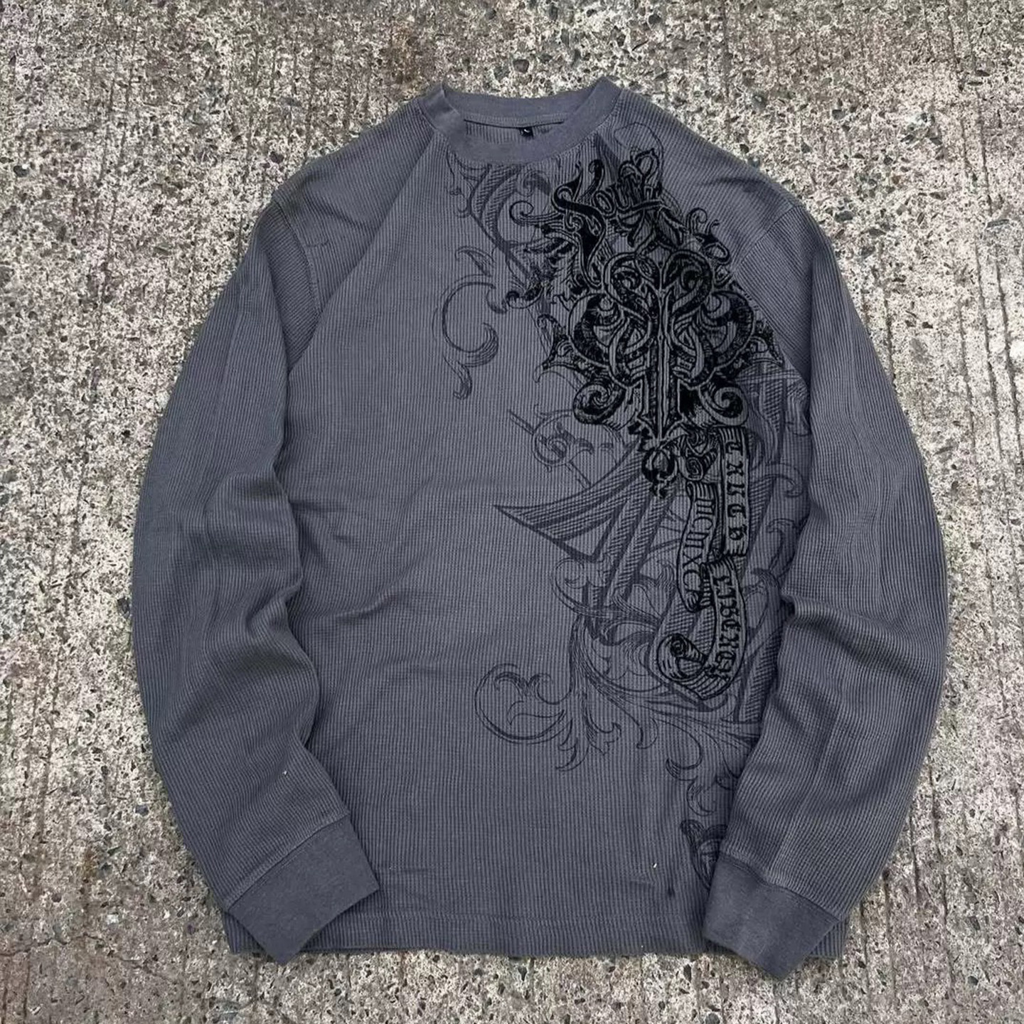 y2k hoodie~高街风暗黑印花长袖T恤男女宽松圆领潮牌学院风上衣