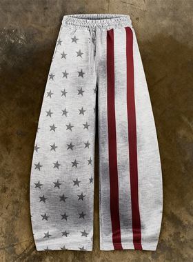 y2k hoodie~美式街头风星条旗印花宽松直筒裤女灰色休闲卫裤潮牌