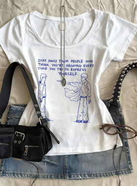 手绘动漫人物印花短袖T恤夏季修身U领亚文化上衣 小众设计感百搭