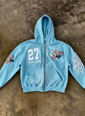 y2k hoodie美式嘻哈风连帽卫衣男女宽松拉链开衫街头休闲蓝色外套