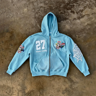 街头休闲蓝色外套 嘻哈风连帽卫衣男女宽松拉链开衫 y2k hoodie美式