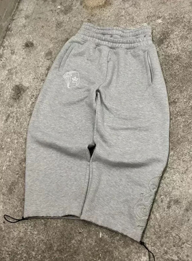 y2k hoodie~美式街头风双腰头抽绳卫裤男宽松直筒灰色运动休闲裤