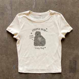 Hug短款 少女感bm风Cozy T恤软妹穿搭上衣 复古可爱毛绒熊短袖 美式