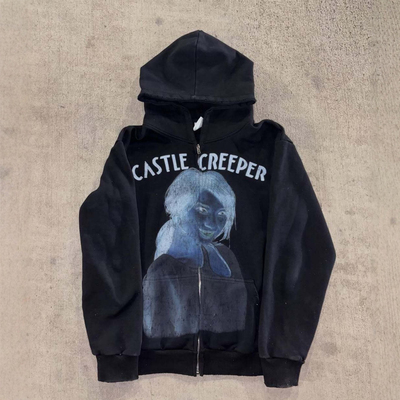 y2k hoodie美式嘻哈风骷髅印花连帽卫衣男女通用黑色拉链外套百搭