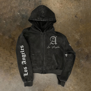 外套潮 街头休闲风水洗做旧字母连帽卫衣男女拉链开衫 y2k hoodie