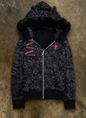 y2k hoodie轻朋克风猫耳骷髅连帽卫衣女黑色毛领拉链外套千禧辣妹