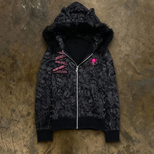 y2k hoodie轻朋克风猫耳骷髅连帽卫衣女黑色毛领拉链外套千禧辣妹