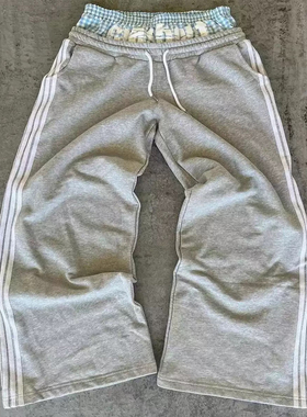 y2k hoodie~美式运动风复古拼接卫裤女宽松百搭休闲直筒长裤灰色