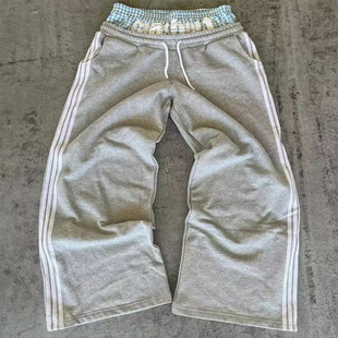 女宽松百搭休闲直筒长裤 y2k 运动风复古拼接卫裤 美式 灰色 hoodie