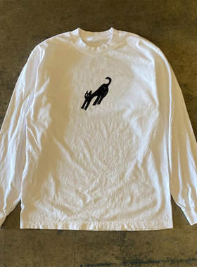 90s90s90s 原创重磅260G！黑色猫咪港风男女情侣款设计感长袖T恤