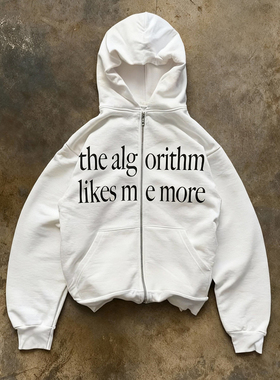 y2k hoodie~街头风字母印花连帽拉链卫衣男女宽松白色潮牌外套