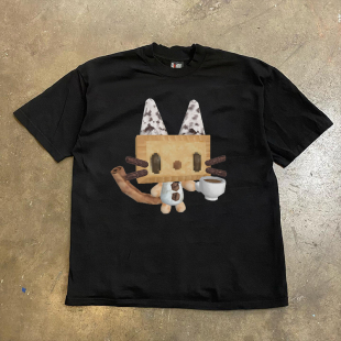 短袖 90s90s90s 多巴胺风男女同款 咖啡猫咪夏季 T恤 重磅260克纯棉