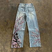 hoodie 美式 复古梅花刺绣阔腿牛仔裤 y2k 男女宽松直筒长裤 街头风