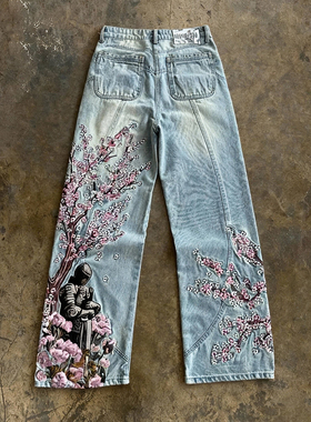 y2k hoodie~美式复古梅花刺绣阔腿牛仔裤男女宽松直筒长裤街头风