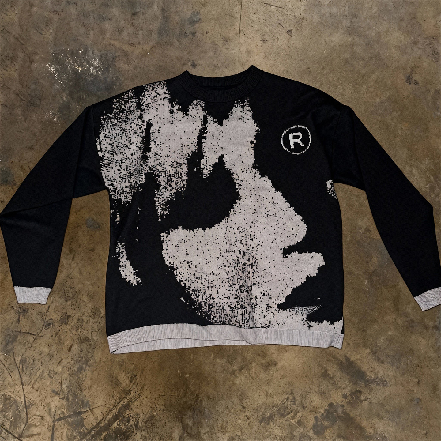 美式小众y2k黑色圆领套头涂鸦印花针织衫男女宽松长袖毛衣潮款