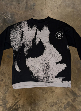 美式小众y2k黑色圆领套头涂鸦印花针织衫男女宽松长袖毛衣潮款