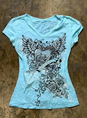 y2k hoodie~美式复古古着浅蓝色短袖T恤辣妹修身宽松百搭上衣女潮