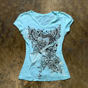 T恤辣妹修身 y2k 复古古着浅蓝色短袖 美式 宽松百搭上衣女潮 hoodie