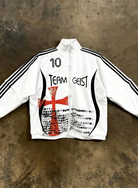 y2k hoodie~美式复古风字母拉链卫衣男女宽松设计感潮牌外套白色