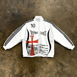y2k hoodie~美式复古风字母拉链卫衣男女宽松设计感潮牌外套白色