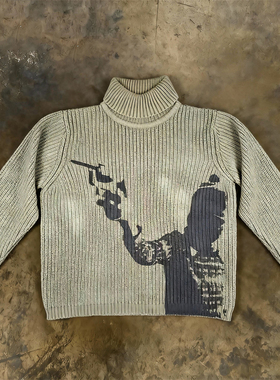 y2k hoodie美式复古绿色圆领套头毛衣男女宽松卡通动漫压印针织衫