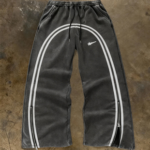 条纹休闲运动长裤 y2k 男女宽松直筒阔腿裤 复古做旧卫裤 hoodie美式