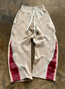 y2k hoodie美式复古运动风条纹拼接阔腿裤男抽绳松紧腰宽松休闲裤