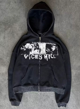 y2k hoodie~美式小众连帽卫衣女黑色字母印花拉链上衣外套宽松潮