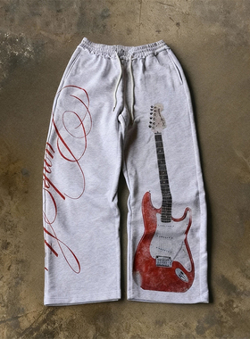 y2k hoodie~美式嘻哈风吉他印花卫裤抽绳休闲裤街头情侣运动长裤