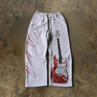 hoodie 街头情侣运动长裤 美式 抽绳休闲裤 嘻哈风吉他印花卫裤 y2k